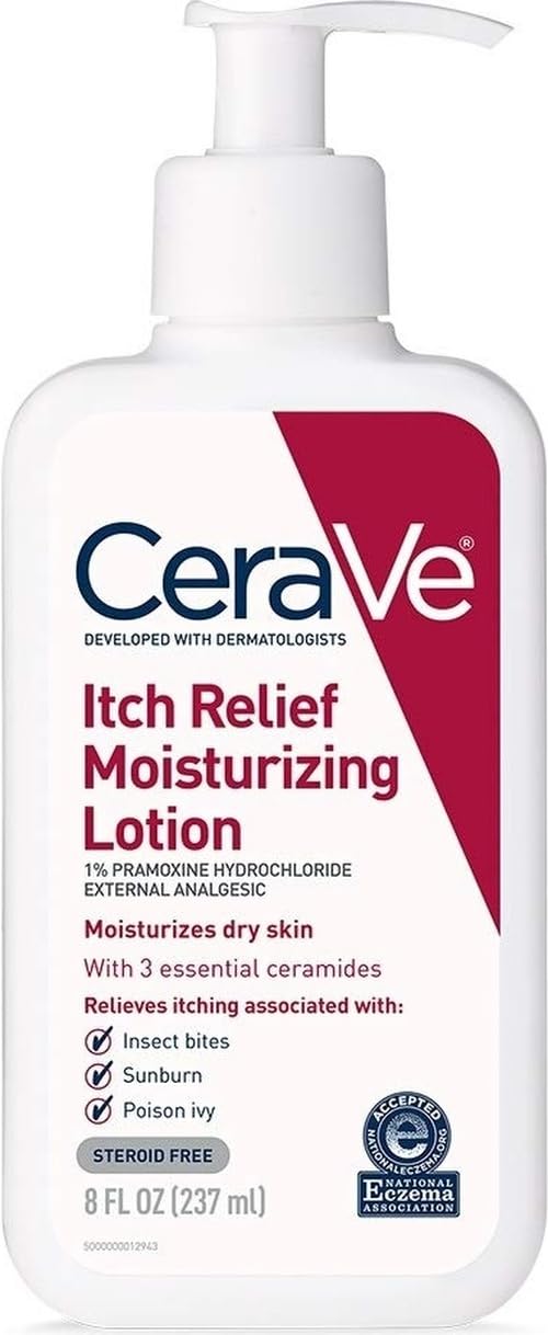 CeraVe Anti Itch Moisturizing Lotion with Pramoxine Hydrochloride. Relieves Itch with Minor Skin Irritations. Sunburn Relief. Bug Bites. 8 Ounce