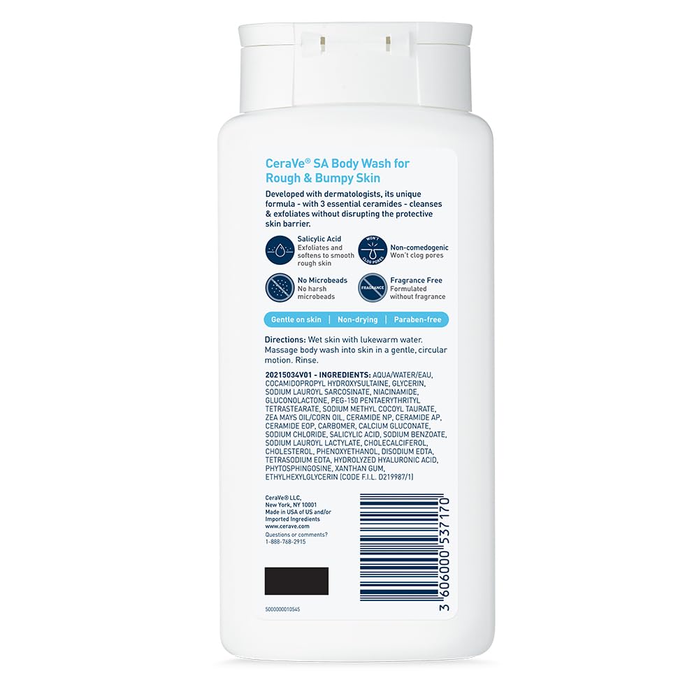 CeraVe Salicylic Acid Body Wash. Exfoliates Rough and Bumpy Skin. 10oz | Skin Care. Hyaluronic Acid. Niacinamide. Exfoliating. Dry Skin. Rough and Bumpy Skin. Hydrating. Gentle Exfoliation