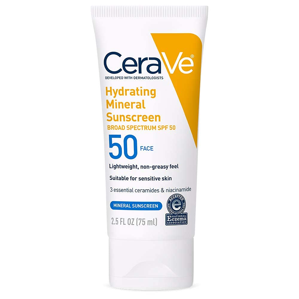 CeraVe Hydrating Mineral Sunscreen SPF 50 Face Sunscreen. Travel Size 2.5oz | Face Sunscreen with Zinc Oxide. Titanium Dioxide. Hyaluronic Acid. & Niacinamide For Broad Spectrum Protection