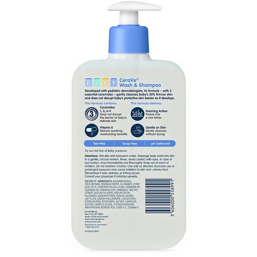 CeraVe Baby 2-in-1 Wash & Shampoo with Vitamin E for Hair & Skin. 16oz | Tear-Free Wash For Baby Hair and Skin with Vitamin E. Fragrance-Free. Paraben-Free. Dye-Free. Phthalates-Free. Sulfate-Free