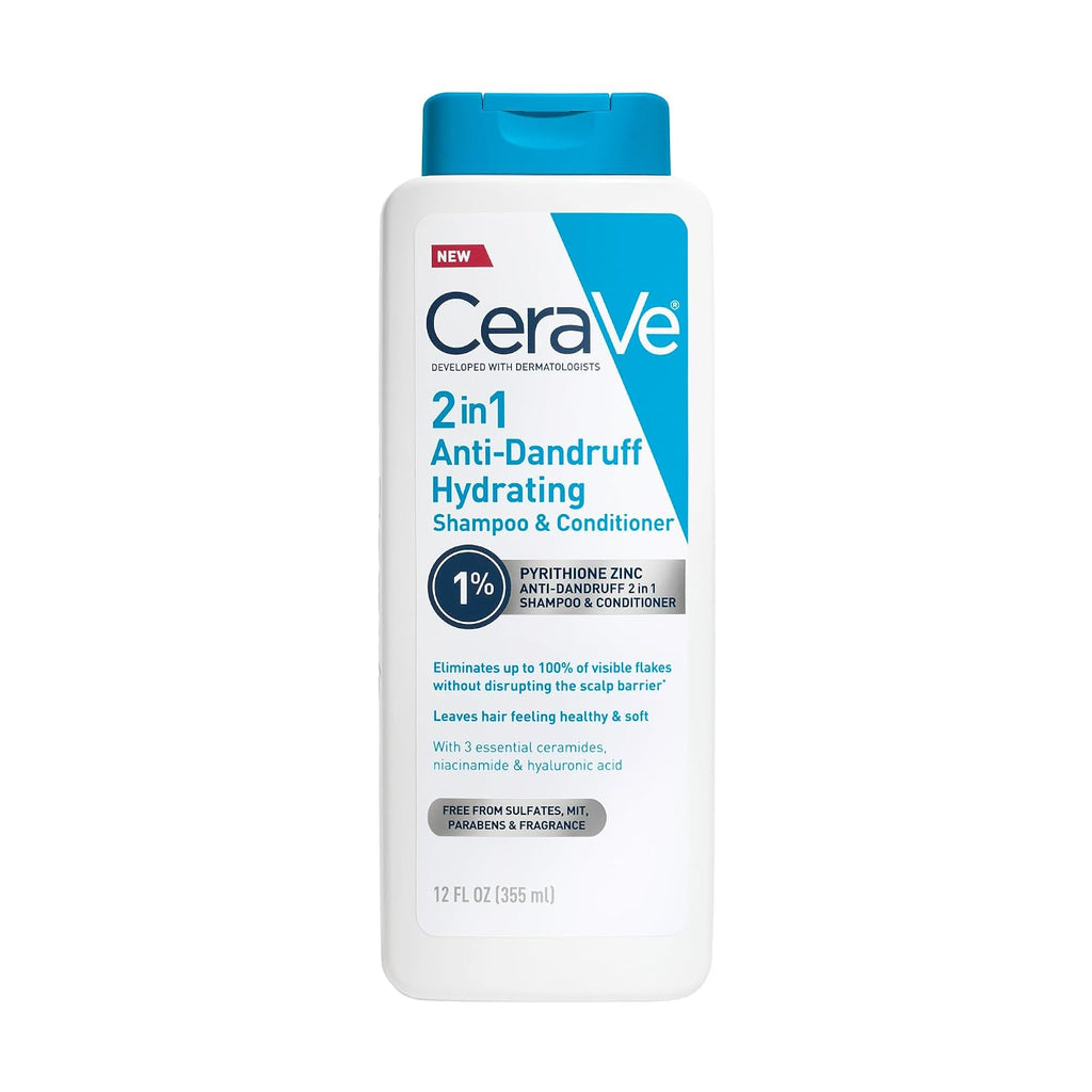 CeraVe 2 In 1 Hydrating Anti Dandruff Shampoo And Conditioner. 19 Fl Oz | 1% Pyrithione Zinc Dandruff Treatment Helps Eliminate Flakes and Relieve Itchy Scalp In a Sulfate-Free. Color-Safe Formula