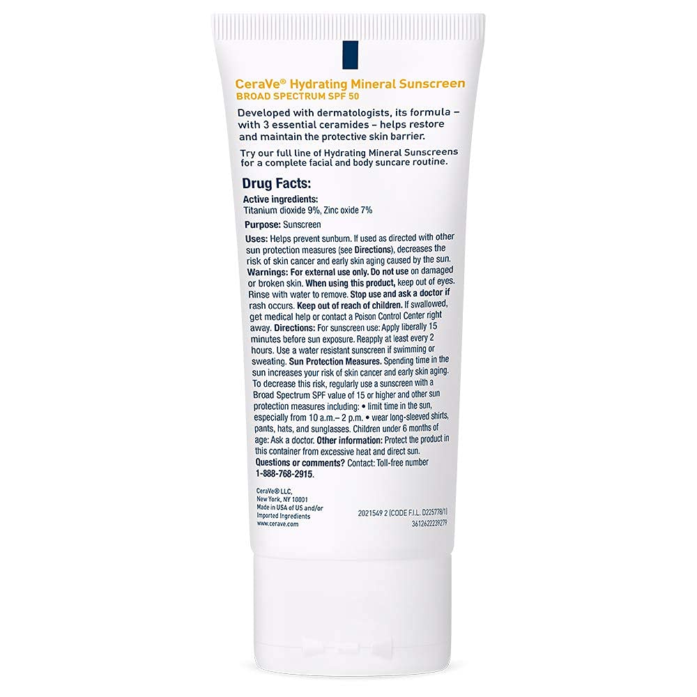 CeraVe Hydrating Mineral Sunscreen SPF 50 Face Sunscreen. Travel Size 2.5oz | Face Sunscreen with Zinc Oxide. Titanium Dioxide. Hyaluronic Acid. & Niacinamide For Broad Spectrum Protection