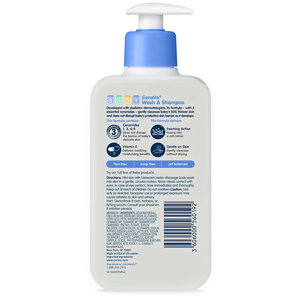 CeraVe Baby 2-in-1 Wash & Shampoo with Vitamin E for Hair & Skin. 8oz | Tear-Free Wash For Baby Hair and Skin with Vitamin E. Fragrance-Free. Paraben-Free. Dye-Free. Phthalates-Free. Sulfate-Free
