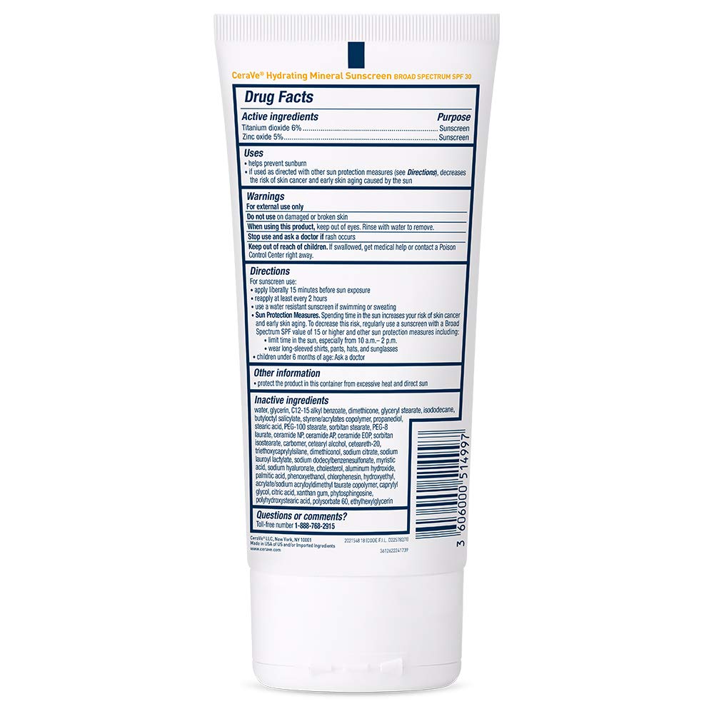 CeraVe Hydrating Mineral Sunscreen SPF 30 with Hyaluronic Acid. 5oz | Face Sunscreen with Zinc Oxide. Titanium Dioxide. Hyaluronic Acid. & Niacinamide For Broad Spectrum Protection