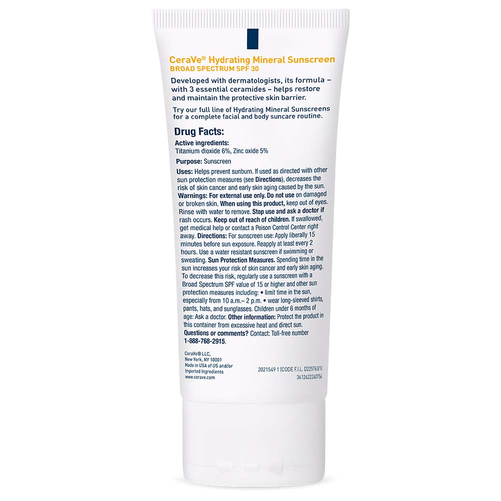 CeraVe Hydrating Mineral Sunscreen SPF 30 with Hyaluronic Acid. 2.5oz | Face Sunscreen with Zinc Oxide. Titanium Dioxide. Hyaluronic Acid. & Niacinamide For Broad Spectrum Protection