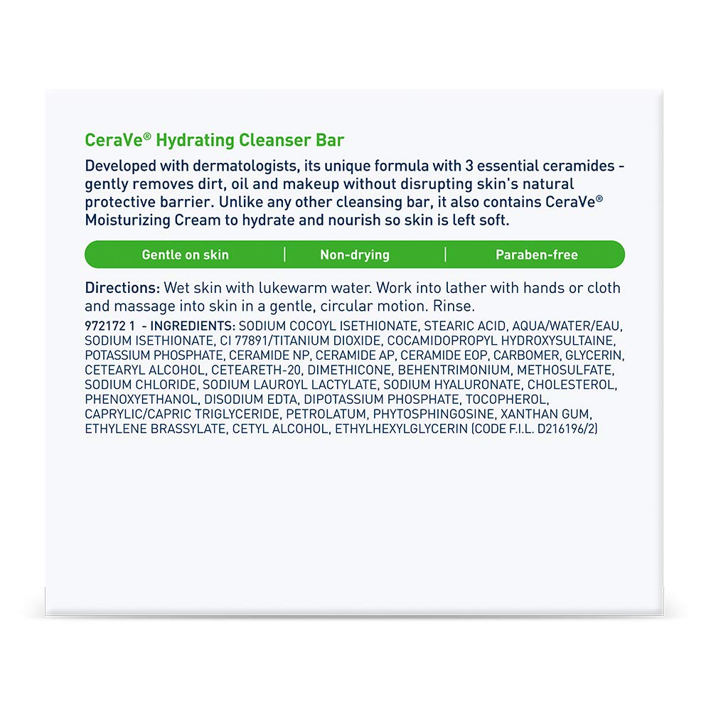 CeraVe Hydrating Cleanser Bar. Soap-Free Face & Body Cleanser. 2-Pack | Soap-Free Body Wash and Facial Cleanser with Ceramides Thoroughly Cleanses without Stripping Skin Of Natural Moisture