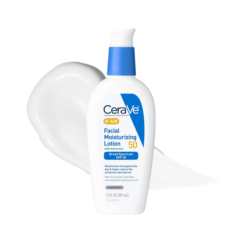 CeraVe AM Facial Moisturizing Lotion SPF 50. Face Moisturizer with SPF. 3oz | Travel Size Skin Care. Hyaluronic Acid and Niacinamide That Blends with No White Cast. Non-Greasy & Non-Comedogenic