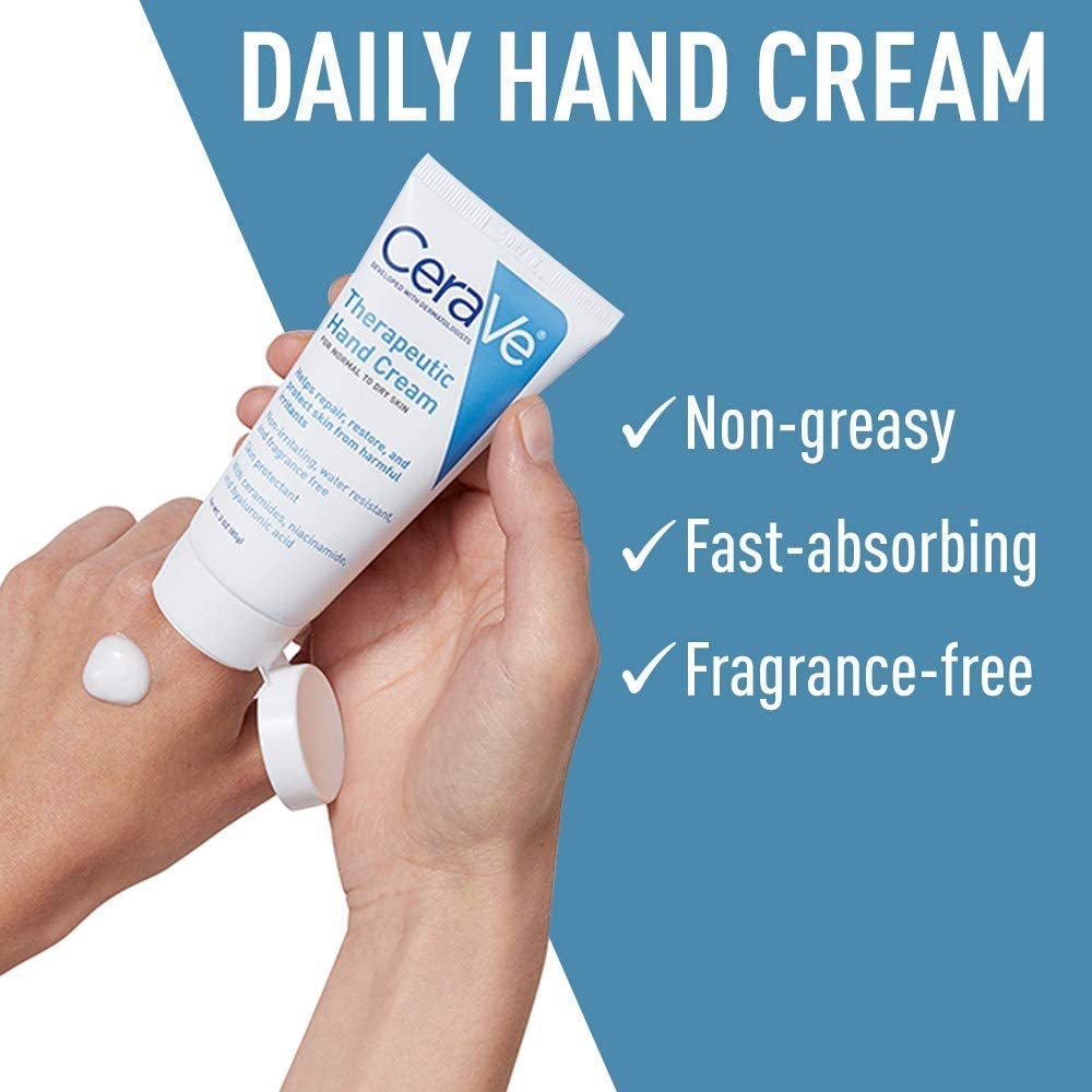 CeraVe Therapeutic Hand Cream for Dry Cracked Hands With Hyaluronic Acid and Niacinamide.Fragrance Free 3 Ounce.(Pack of 2)