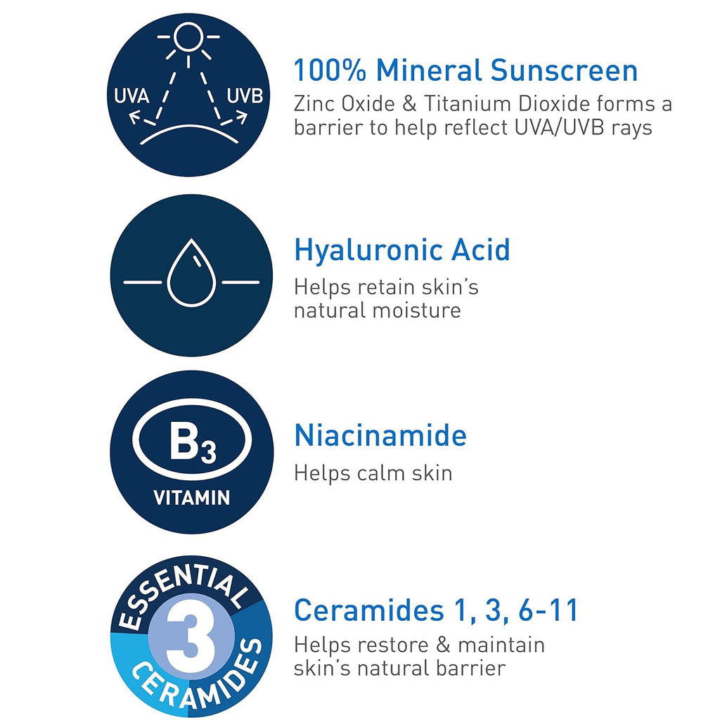 CeraVe Hydrating Mineral Sunscreen SPF 30 with Hyaluronic Acid. 2.5oz | Face Sunscreen with Zinc Oxide. Titanium Dioxide. Hyaluronic Acid. & Niacinamide For Broad Spectrum Protection