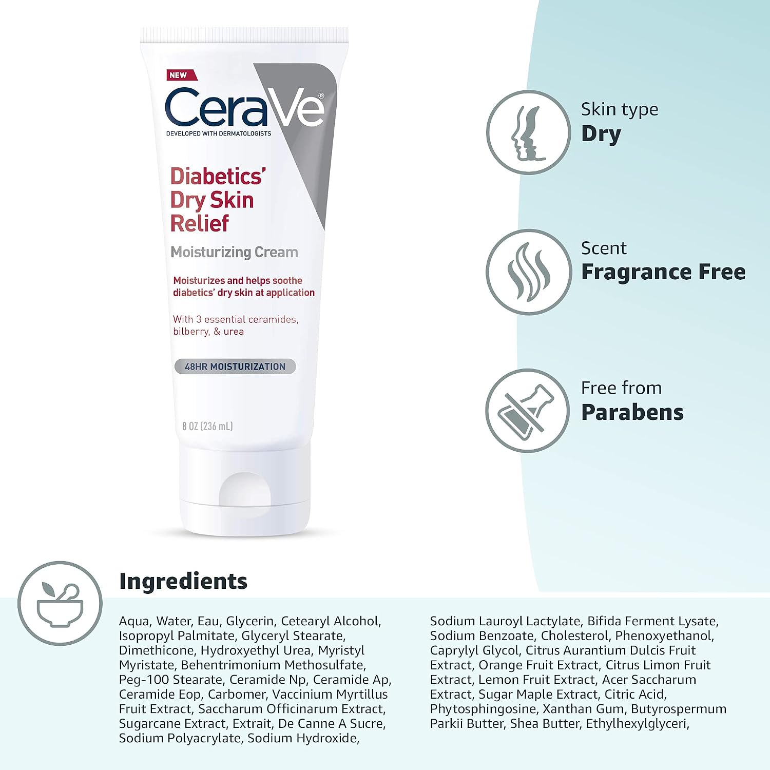 CeraVe Diabetics Dry Skin Moisturizing Cream. Urea Face & Body Lotion. 8oz | Fast-Absorbing Skin Care Formula with Ceramides and Antioxidants Provides 48-Hour Hydration To Soothe Diabetics' Dry Skin