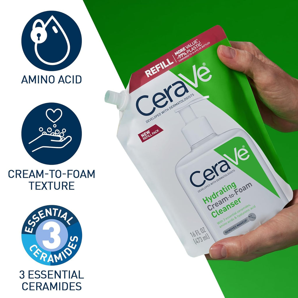 CeraVe Hydrating Cream To Foam Cleanser. Face Wash for Dry Skin.16oz Refill | Removes Makeup with Hyaluronic Acid In A Fragrance Free. Non-Comedogenic Formula For Normal To Dry Skin