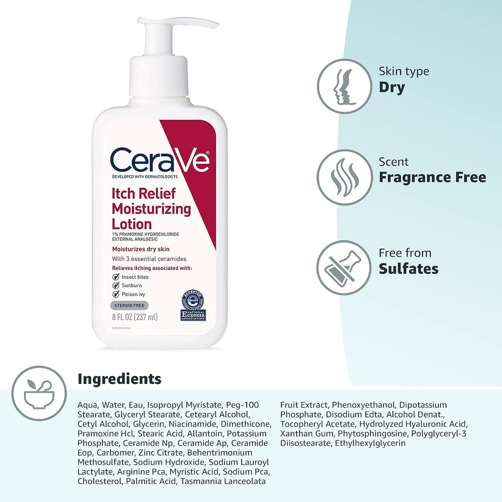 CeraVe Anti Itch Moisturizing Lotion with Pramoxine Hydrochloride. Relieves Itch with Minor Skin Irritations. Sunburn Relief. Bug Bites. 8 Ounce