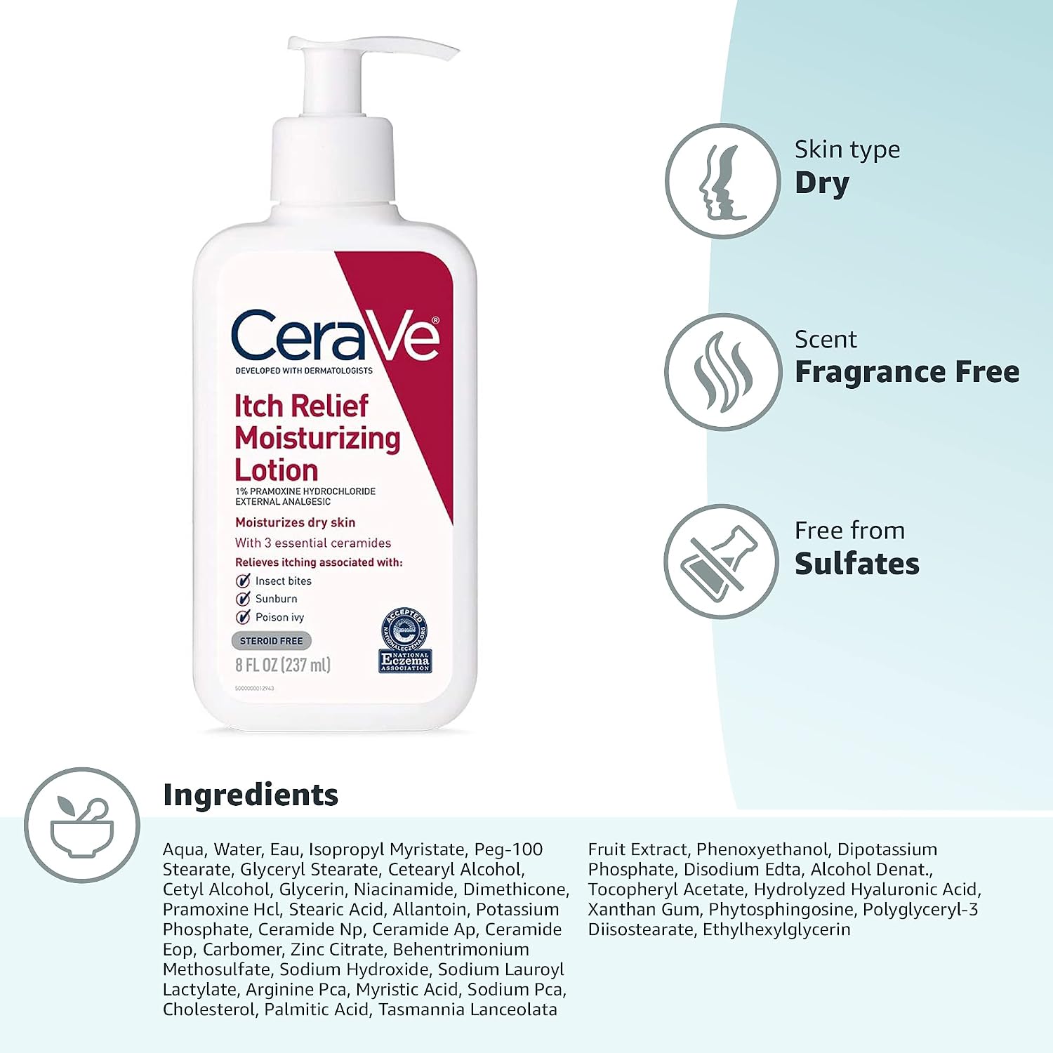 CeraVe Anti Itch Moisturizing Lotion with Pramoxine Hydrochloride. Relieves Itch with Minor Skin Irritations. Sunburn Relief. Bug Bites. 8 Ounce