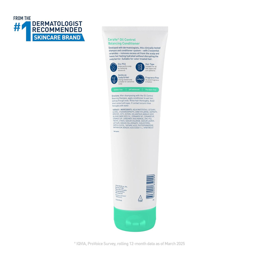 CeraVe Oil Control Conditioner with Hyaluronic Acid for Oily Scalp. 9 Oz | Sulfate-Free Conditioner For Oily Hair with Ceramides Delivers Lightweight Hydration To Ends without Weighing Hair Down
