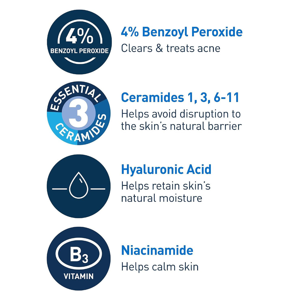 CeraVe Foaming Acne Cream Cleanser. Face Wash with 4% Benzoyl Peroxide. 5oz | Skin Care. Hyaluronic Acid. Niacinamide. Facial Cleanser. Acne Treatment For Face. Face Care. Gentle Cleanser. Ceramides