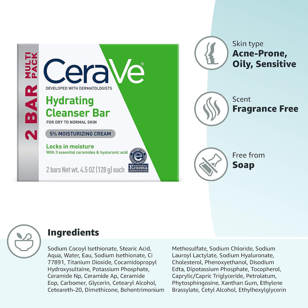 CeraVe Hydrating Cleanser Bar. Soap-Free Face & Body Cleanser. 2-Pack | Soap-Free Body Wash and Facial Cleanser with Ceramides Thoroughly Cleanses without Stripping Skin Of Natural Moisture