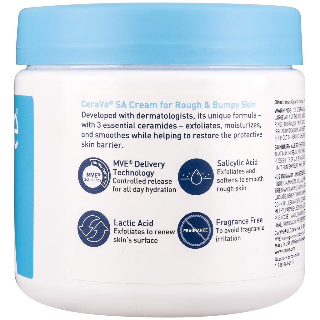 CeraVe SA Moisturizing Cream. Exfoliates and Softens Rough Skin. 16oz | Smooths Rough Skin with Salicylic Acid. Lactic Acid. Hyaluronic Acid. Niacinamide Fragrance-Free & Allergy Tested