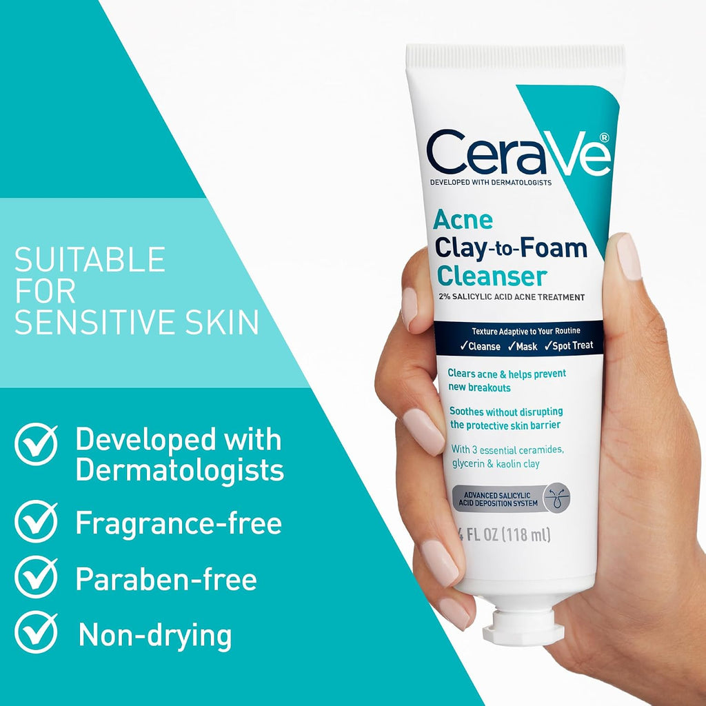 CeraVe Clay To Foam Acne Face Wash.Salicylic Acid & Kaolin Clay Acne Spot Treatment Clears Pimples & Blackheads. Prevents Breakouts. Hydrates & Soothes. Fragrance-Free. Non-Comedogenic.4oz.(Pack of 2)