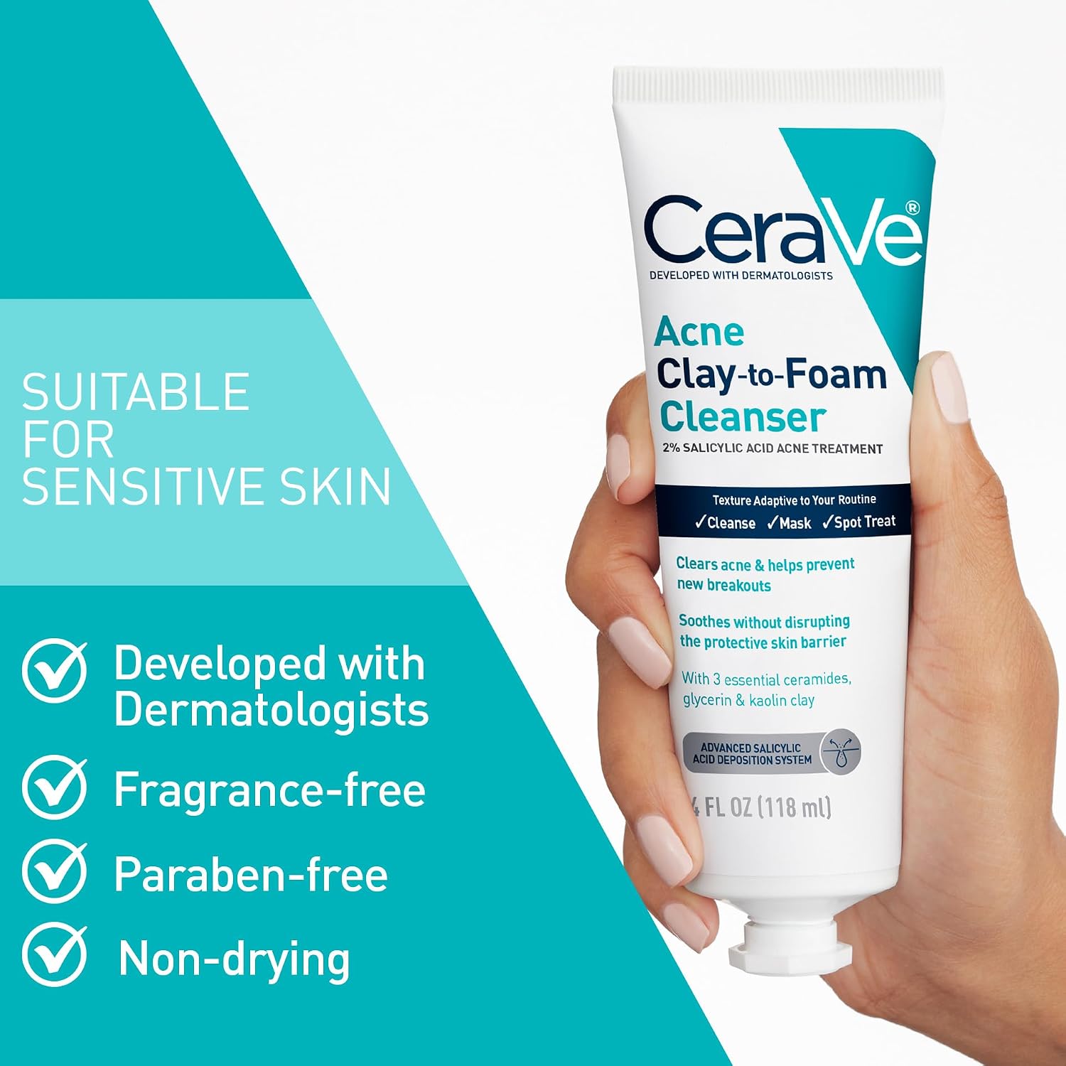 CeraVe Clay To Foam Acne Face Wash.Salicylic Acid & Kaolin Clay Acne Spot Treatment Clears Pimples & Blackheads. Prevents Breakouts. Hydrates & Soothes. Fragrance-Free. Non-Comedogenic.4oz.(Pack of 2)