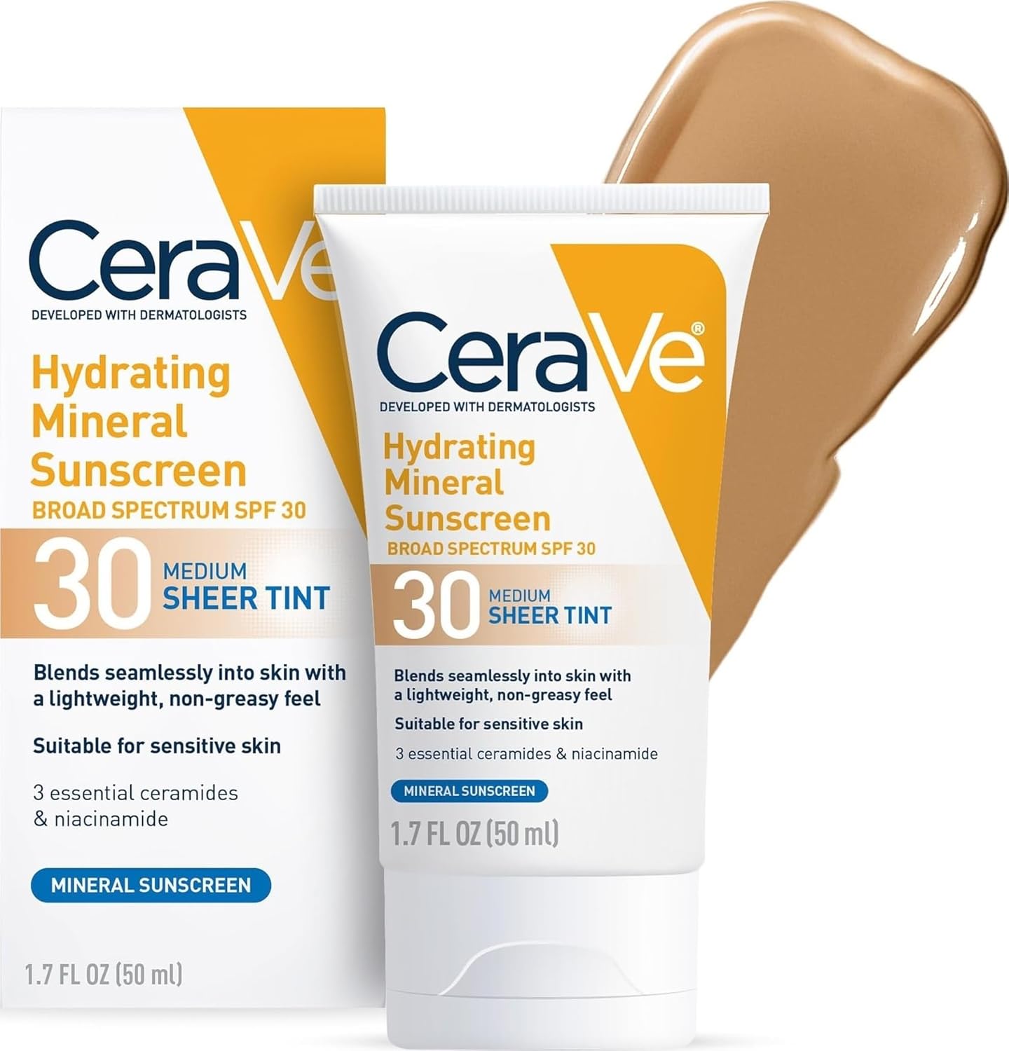 CeraVe Tinted Sunscreen for Face. Mineral SPF 30 Moisturizer. Medium. 1.7oz | Skin Care. Face Sunscreen. Hyaluronic Acid. Zinc Oxide. Titanium Dioxide. Sheer Tint. Healthy Glow. Blends Seamlessly