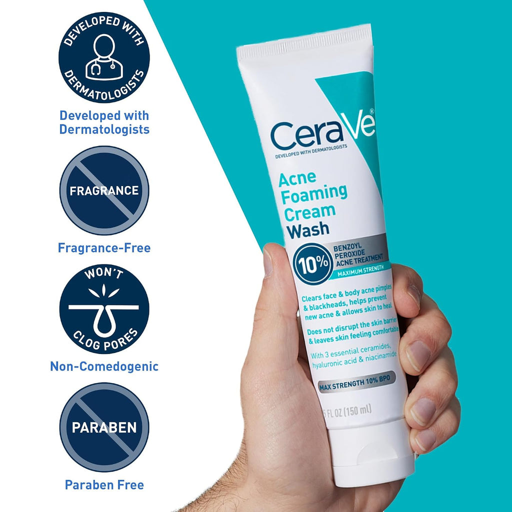 CeraVe Acne Foaming Cream Wash. 10% Benzoyl Peroxide Facial Cleanser. 5oz | 10% Benzoyl Peroxide Cleanser with Hyaluronic Acid and Niacinamide Clears Pimples and Acts As A Blackhead Remover