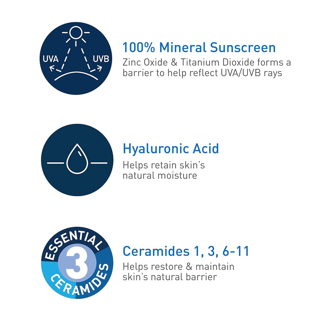 CeraVe 100% Mineral Sunscreen SPF 30 with Zinc Oxide & Titanium Dioxide.Hyaluronic Acid & Ceramides.Oil Free.Non-Greasy.Hydrating Mineral Sunscreen For Body.5 oz.(Pack of 2)