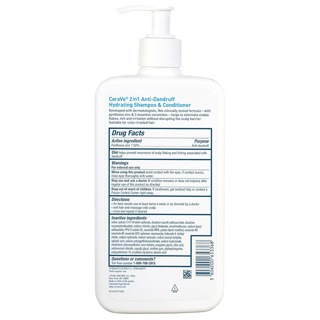CeraVe 2 In 1 Hydrating Anti Dandruff Shampoo And Conditioner. 19 Fl Oz | 1% Pyrithione Zinc Dandruff Treatment Helps Eliminate Flakes and Relieve Itchy Scalp In a Sulfate-Free. Color-Safe Formula