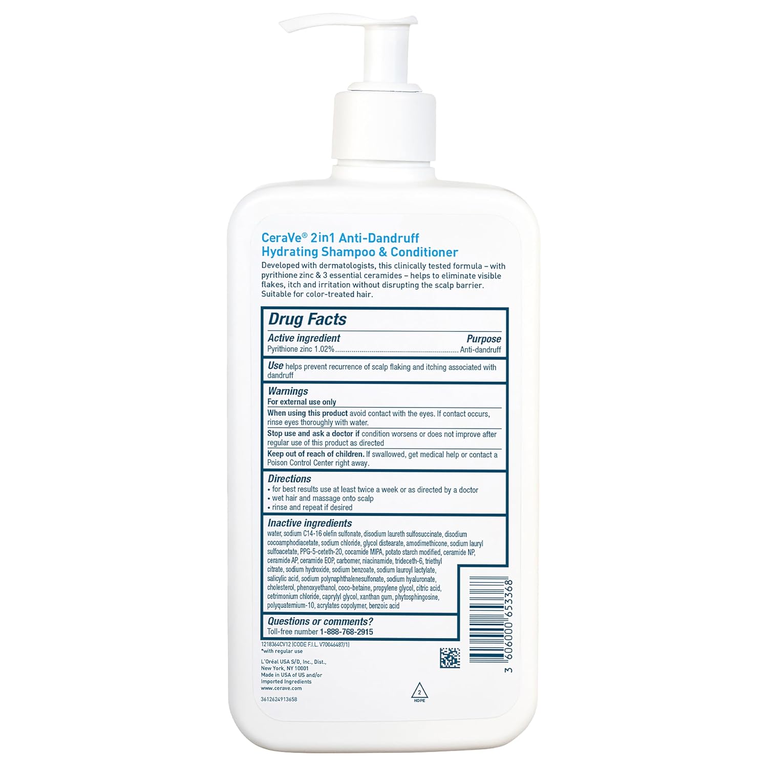 CeraVe 2 In 1 Hydrating Anti Dandruff Shampoo And Conditioner. 19 Fl Oz | 1% Pyrithione Zinc Dandruff Treatment Helps Eliminate Flakes and Relieve Itchy Scalp In a Sulfate-Free. Color-Safe Formula