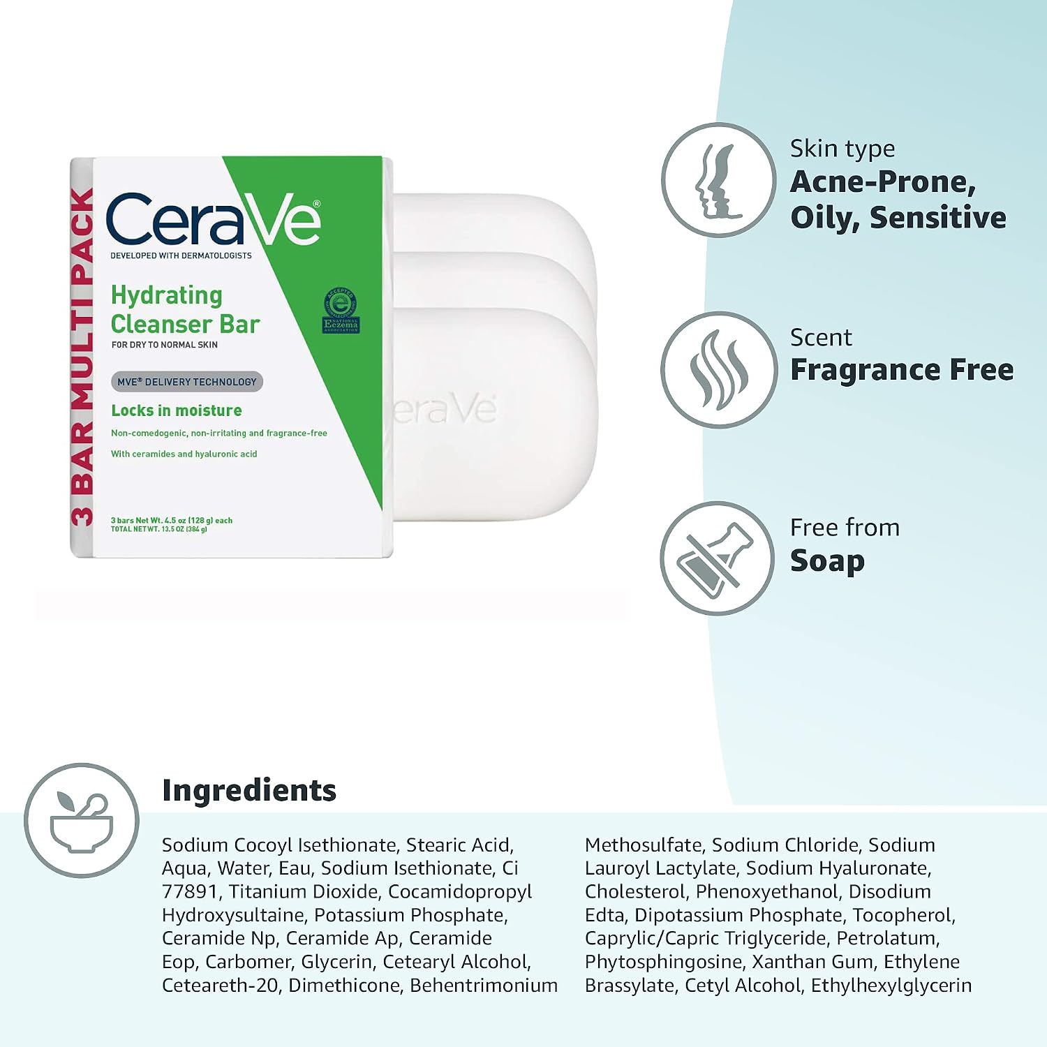CeraVe Hydrating Cleanser Bar. Face Wash with 5% Moisturizing Cream. 3-Pack | Soap-Free Body Wash and Facial Cleanser with Ceramides Thoroughly Cleanses without Stripping Skin Of Natural Moisture