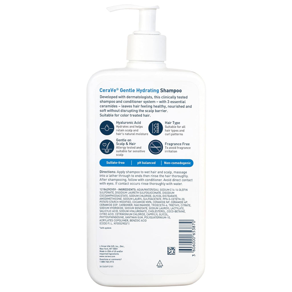 CeraVe Gentle Hydrating Shampoo with Hyaluronic Acid for Hair & Scalp. 19oz | Leaves Hair and Scalp Soft and Healthy-Looking with Ceramides. Niacinamide and A Color Safe Formula