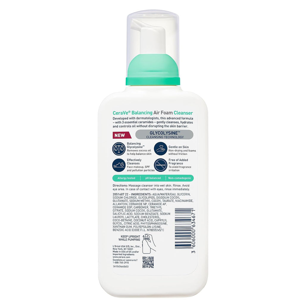 CeraVe Balancing Air Foam Face Wash.Foaming Facial Cleanser Combination Skin.8HR Oil Control.24HR Hydration.Fragrance-Free & Non-Comedogenic.With Glycolysine™ & 3 Essential Ceramides.8oz.(Pack of 2)