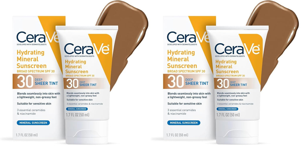 CeraVe Hydrating Mineral Sunscreen SPF 30 with Sheer Tint.Tinted Mineral Sunscreen with Zinc Oxide & Titanium Dioxide.Blends Seamlessly For Healthy Glow.Deep.1.7 Oz.(Pack of 2)