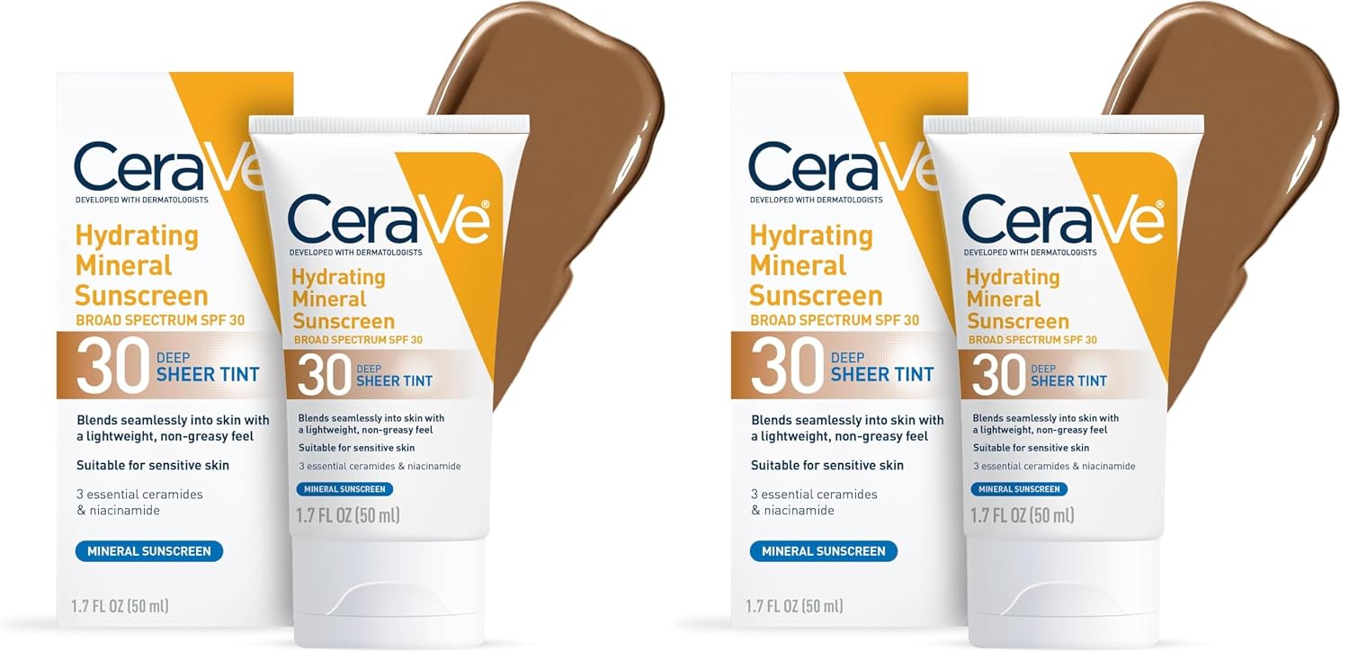 CeraVe Hydrating Mineral Sunscreen SPF 30 with Sheer Tint.Tinted Mineral Sunscreen with Zinc Oxide & Titanium Dioxide.Blends Seamlessly For Healthy Glow.Deep.1.7 Oz.(Pack of 2)