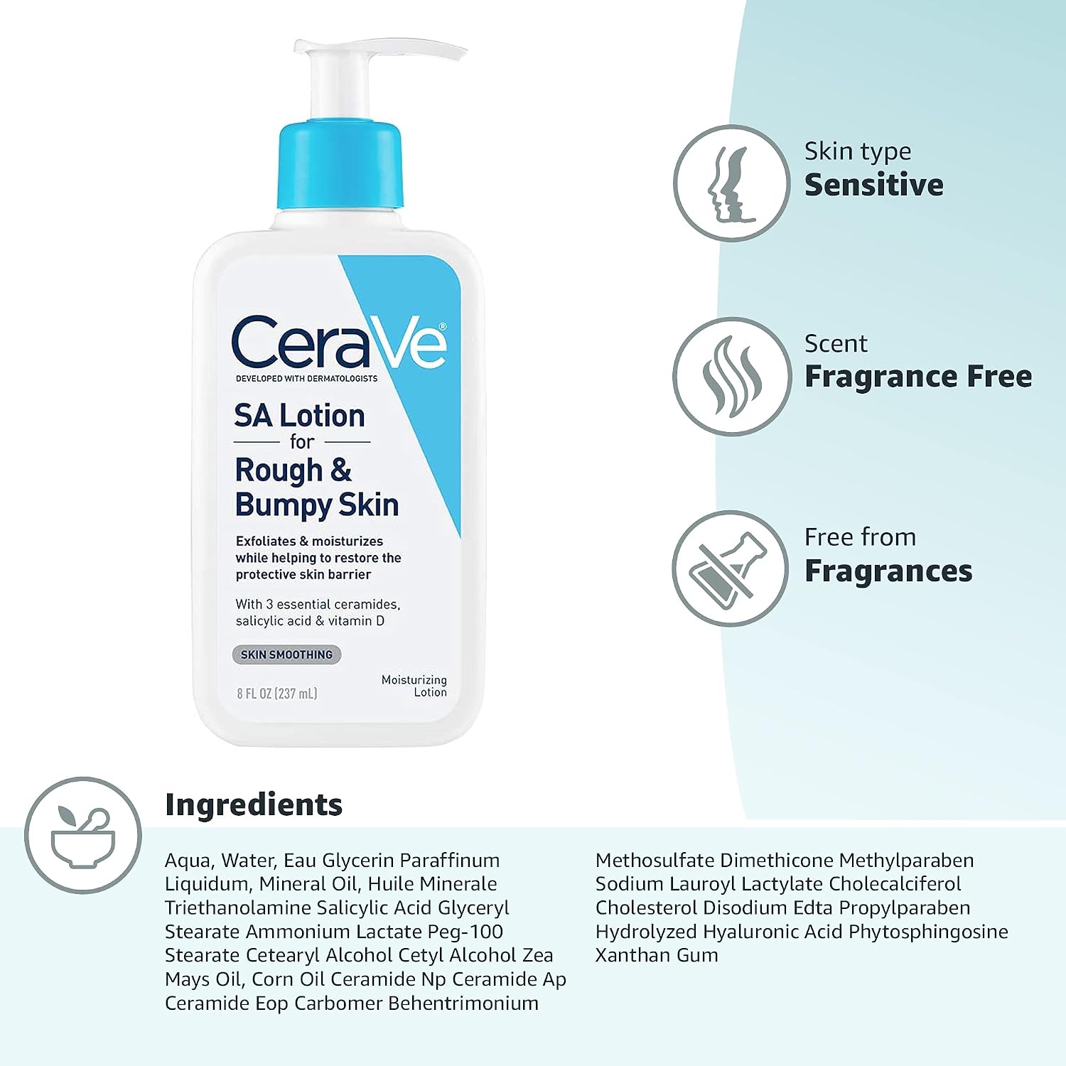 CeraVe Salicylic Acid Lotion. Body Lotion for Rough & Bumpy Skin. 8oz | Skin Care. Smooths Rough Skin with Vitamin D. Hyaluronic Acid and Lactic Acid In A Fragrance Free. Allergy Tested Formula