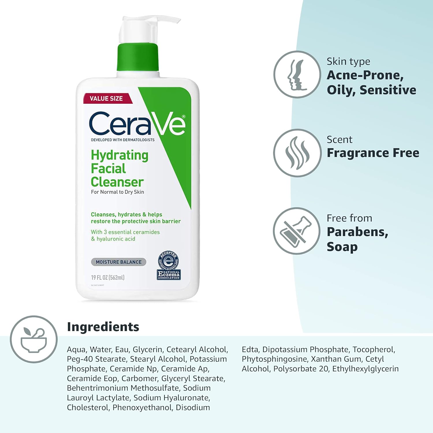 CeraVe Hydrating Cleanser with Hyaluronic Acid. Face Wash for Dry Skin.19oz | Skin Care For Men and Women. Daily Cleanser & Makeup Remover with Glycerin & Ceramides. National Eczema Association Certified