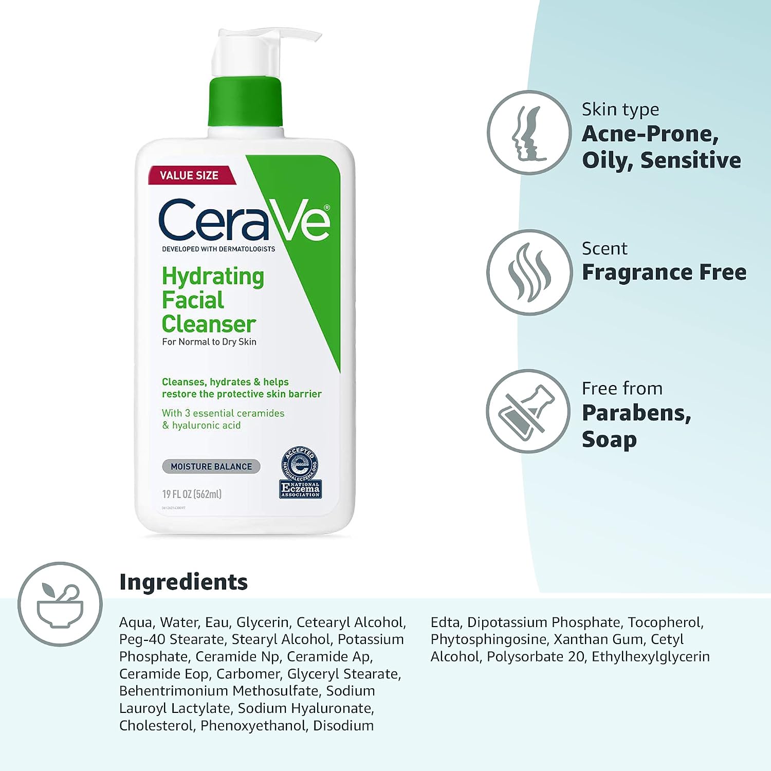 CeraVe Hydrating Cleanser with Hyaluronic Acid. Face Wash for Dry Skin.19oz | Skin Care For Men and Women. Daily Cleanser & Makeup Remover with Glycerin & Ceramides. National Eczema Association Certified