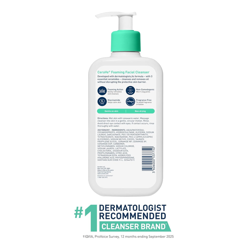 CeraVe Foaming Facial Cleanser. Face Wash for Oily Skin. 12fl oz | Cleanses Oily Skin without Stripping. with Hyaluronic Acid and Niacinamide In a Fragrance-Free Formula For Daily Cleansing