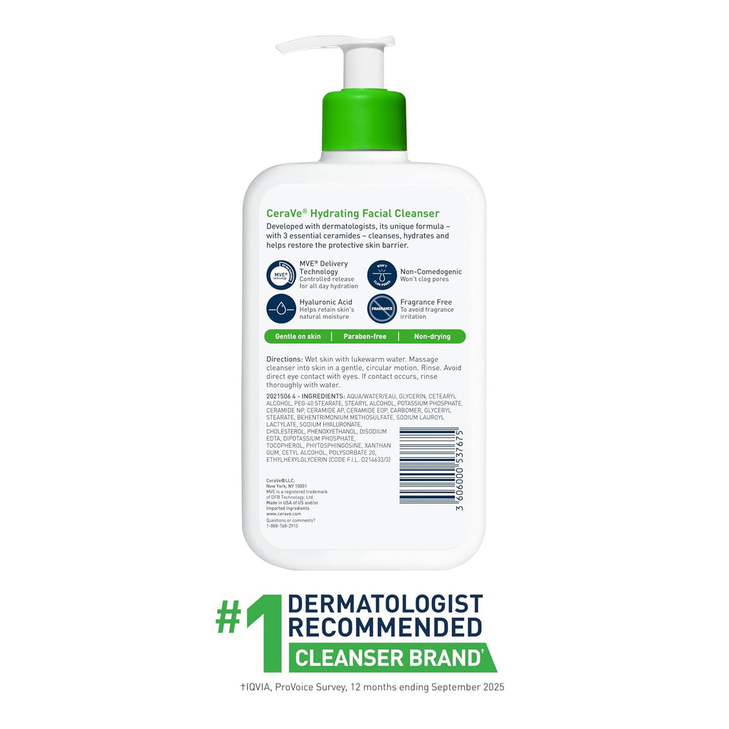CeraVe Hydrating Cleanser with Hyaluronic Acid. Face Wash for Dry Skin.16oz | Skin Care For Men and Women. Daily Cleanser & Makeup Remover with Glycerin & Ceramides. National Eczema Association Certified