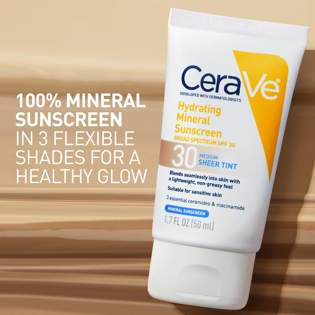 CeraVe Tinted Sunscreen for Face. Mineral SPF 30 Moisturizer. Deep. 1.7oz | Skin Care. Face Sunscreen. Hyaluronic Acid. Zinc Oxide. Titanium Dioxide. Sheer Tint. Healthy Glow. Blends Seamlessly