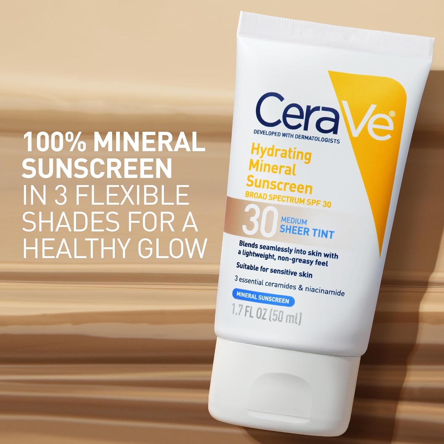 CeraVe Hydrating Mineral Sunscreen SPF 30 with Sheer Tint.Tinted Mineral Sunscreen with Zinc Oxide & Titanium Dioxide.Blends Seamlessly For Healthy Glow.Deep.1.7 Oz.(Pack of 2)