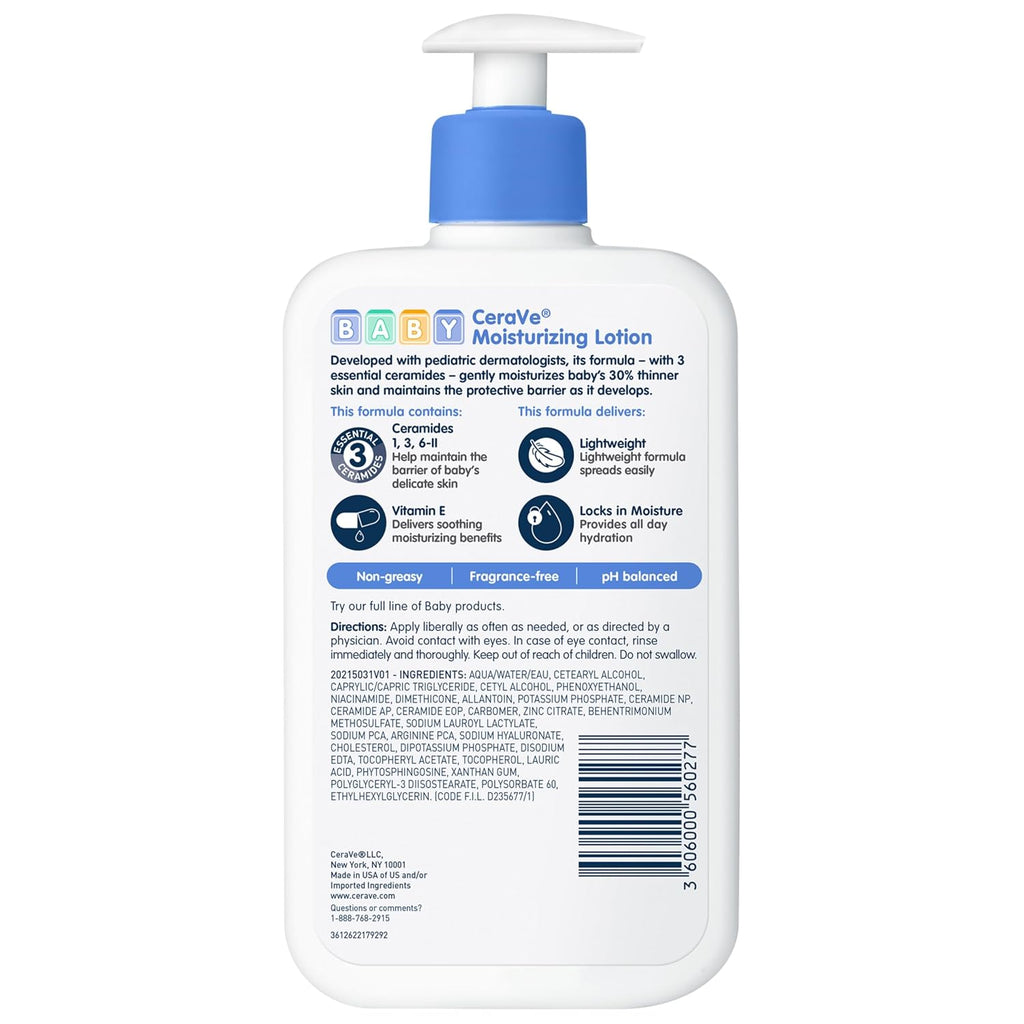 CeraVe Baby Lotion. Baby Skin Moisturizer with Vitamin E & Niacinamide.16oz | Gently Hydrates Delicate Skin with A Non-Greasy Feel. Free Of Fragrance. Dyes. Paraben & Phthalates