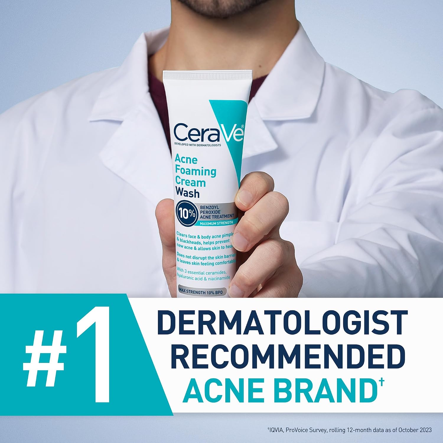 CeraVe Acne Foaming Cream Wash. 10% Benzoyl Peroxide Facial Cleanser. 5oz | 10% Benzoyl Peroxide Cleanser with Hyaluronic Acid and Niacinamide Clears Pimples and Acts As A Blackhead Remover