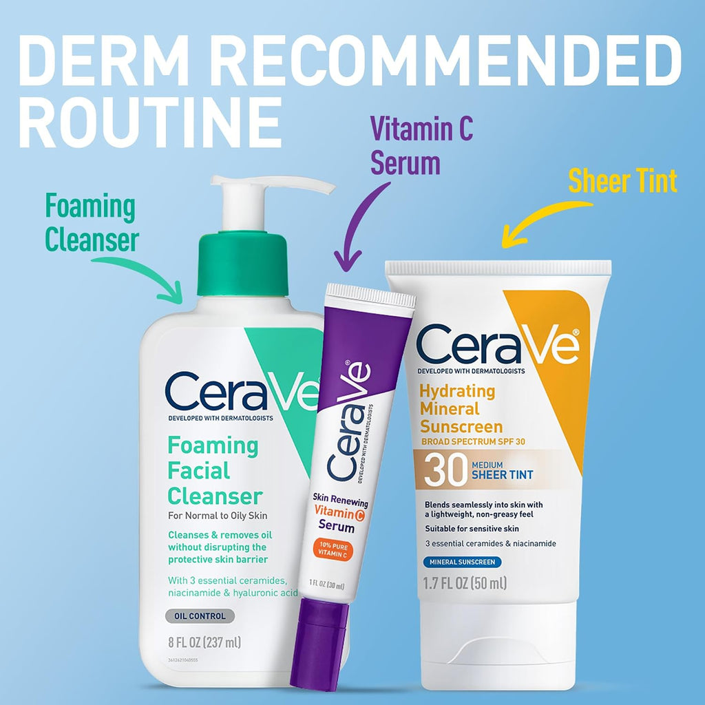 CeraVe Tinted Sunscreen for Face. Mineral SPF 30 Moisturizer. Medium. 1.7oz | Skin Care. Face Sunscreen. Hyaluronic Acid. Zinc Oxide. Titanium Dioxide. Sheer Tint. Healthy Glow. Blends Seamlessly