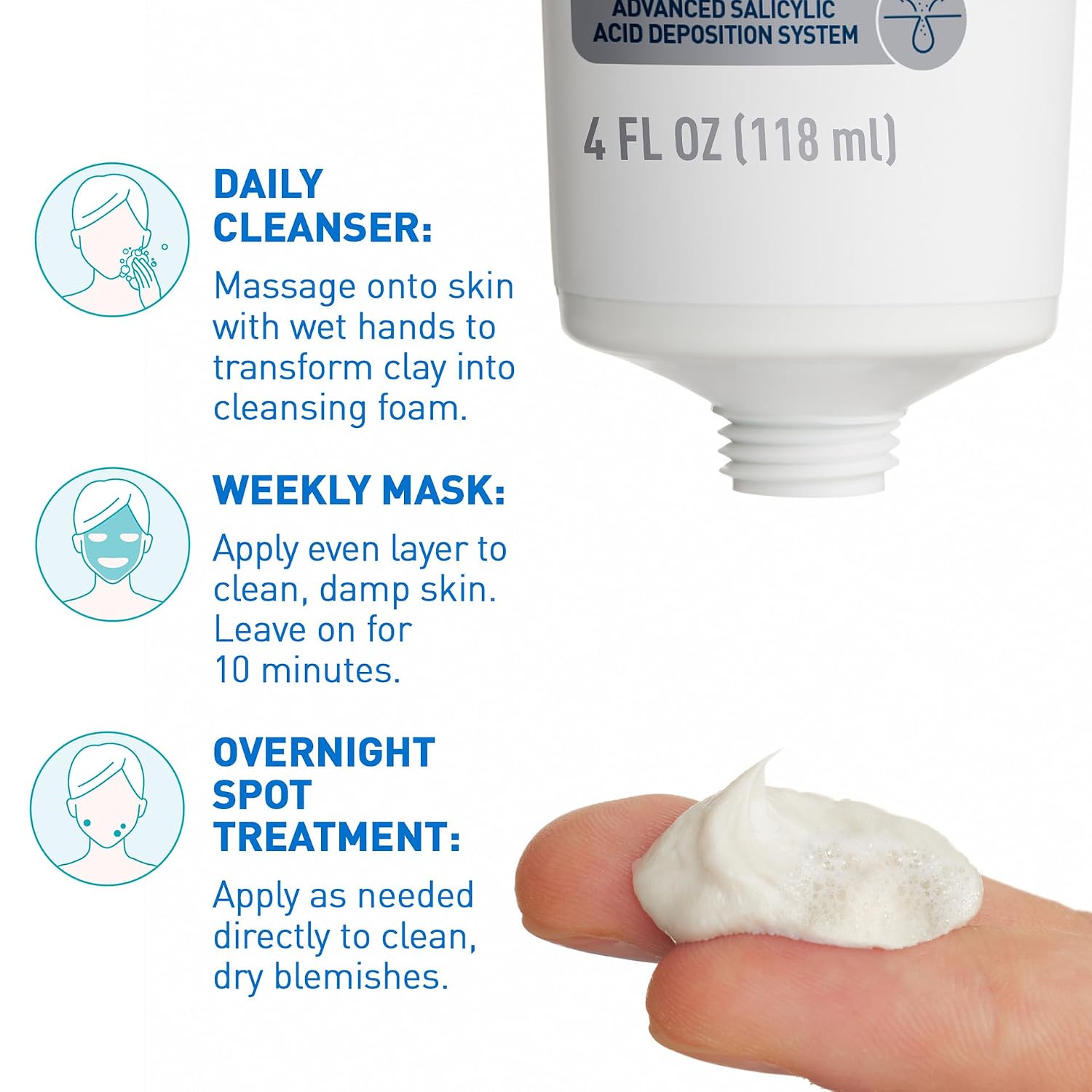 CeraVe Clay To Foam Acne Face Wash.Salicylic Acid & Kaolin Clay Acne Spot Treatment Clears Pimples & Blackheads. Prevents Breakouts. Hydrates & Soothes. Fragrance-Free. Non-Comedogenic.4oz.(Pack of 2)