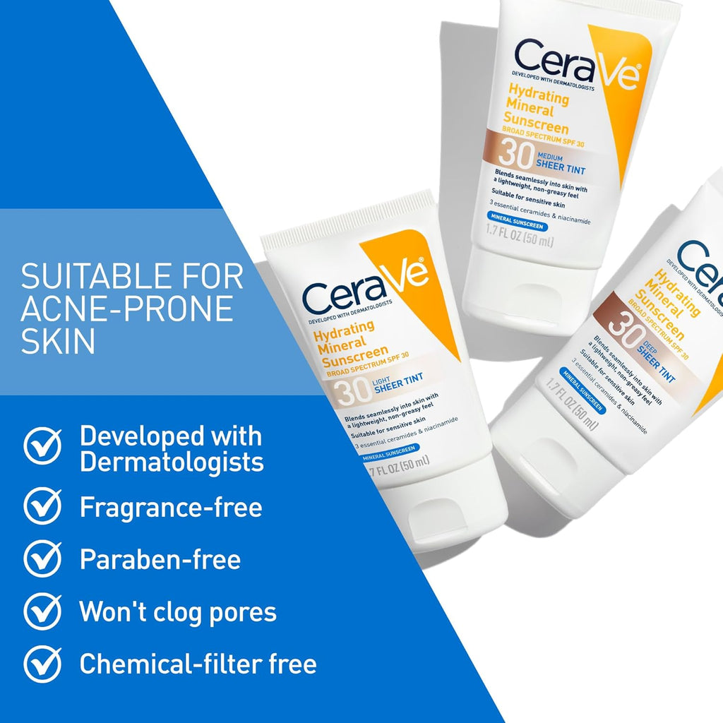 CeraVe Tinted Sunscreen for Face. Mineral SPF 30 Moisturizer. Light. 1.7oz | Skin Care. Face Sunscreen. Hyaluronic Acid. Zinc Oxide. Titanium Dioxide. Sheer Tint. Healthy Glow. Blends Seamlessly