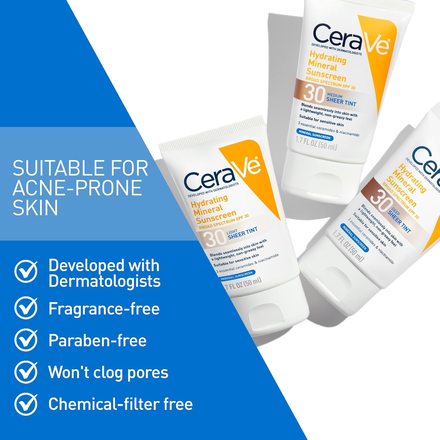 CeraVe Tinted Sunscreen for Face. Mineral SPF 30 Moisturizer. Light. 1.7oz | Skin Care. Face Sunscreen. Hyaluronic Acid. Zinc Oxide. Titanium Dioxide. Sheer Tint. Healthy Glow. Blends Seamlessly