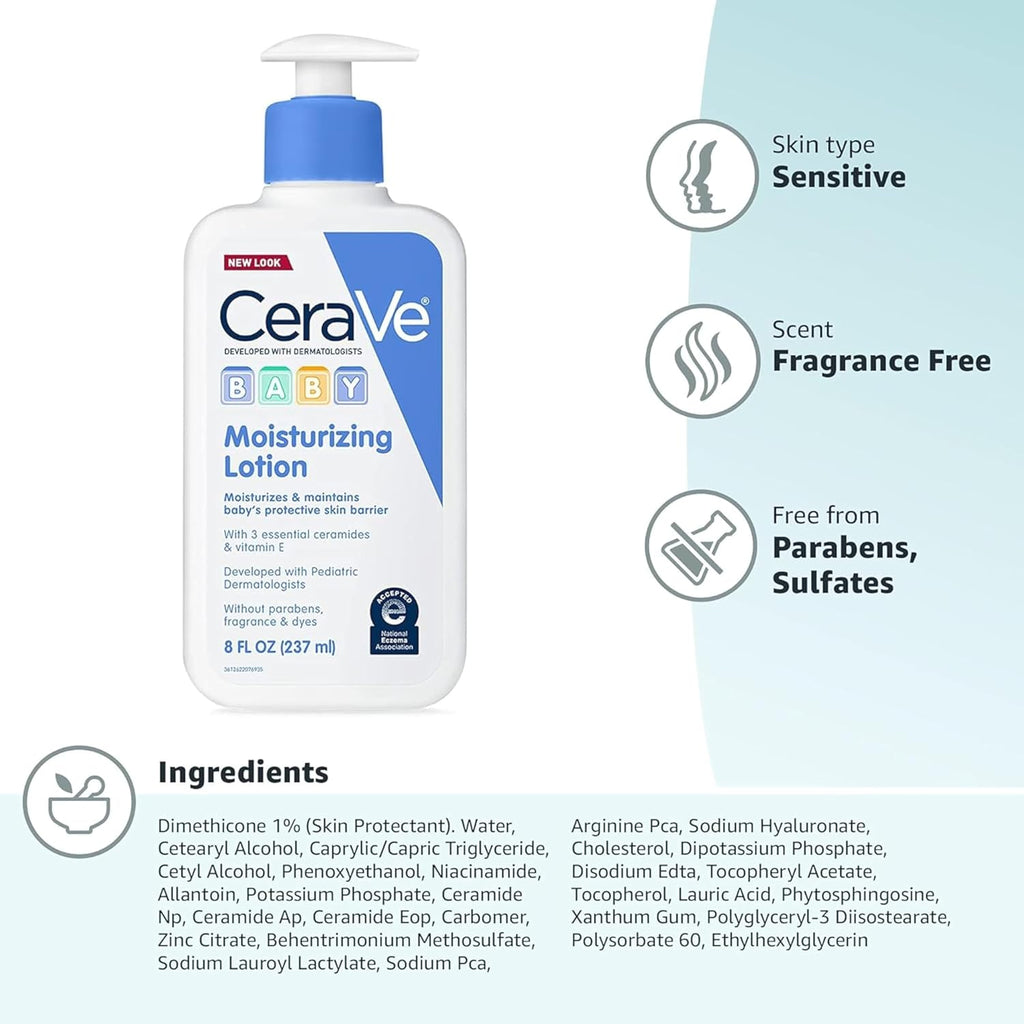 CeraVe Baby Lotion. Baby Skin Moisturizer with Vitamin E & Niacinamide.16oz | Gently Hydrates Delicate Skin with A Non-Greasy Feel. Free Of Fragrance. Dyes. Paraben & Phthalates