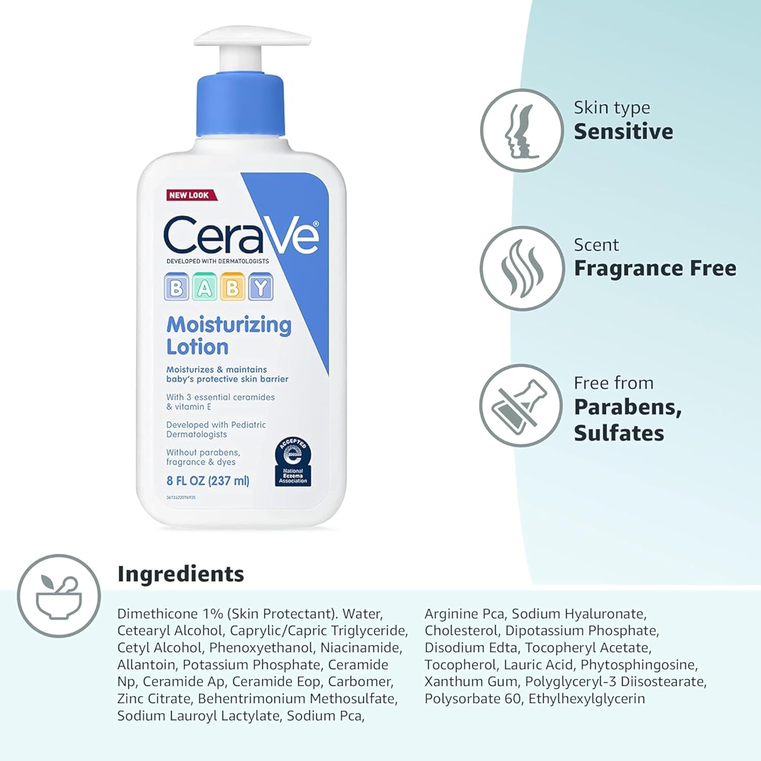 CeraVe Baby Lotion. Baby Skin Moisturizer with Vitamin E & Niacinamide.16oz | Gently Hydrates Delicate Skin with A Non-Greasy Feel. Free Of Fragrance. Dyes. Paraben & Phthalates