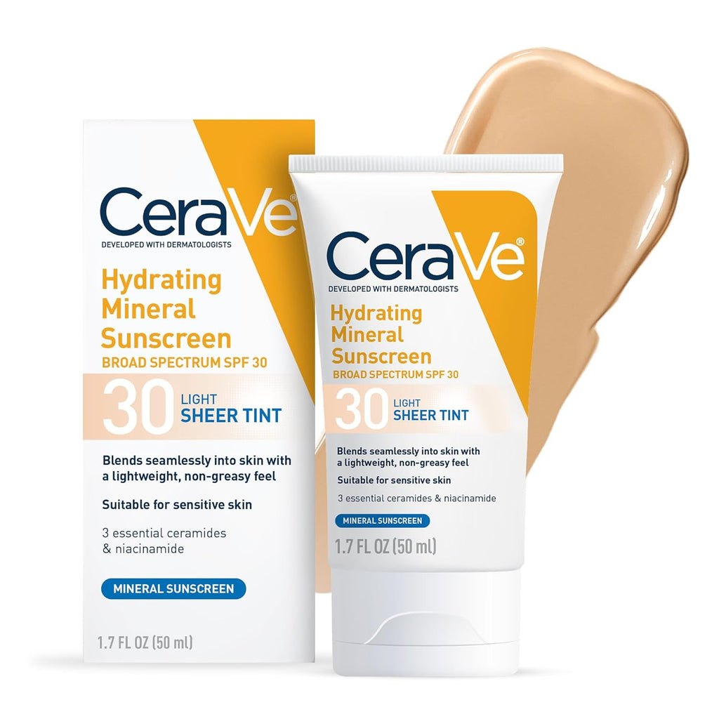 CeraVe Tinted Sunscreen for Face. Mineral SPF 30 Moisturizer. Light. 1.7oz | Skin Care. Face Sunscreen. Hyaluronic Acid. Zinc Oxide. Titanium Dioxide. Sheer Tint. Healthy Glow. Blends Seamlessly