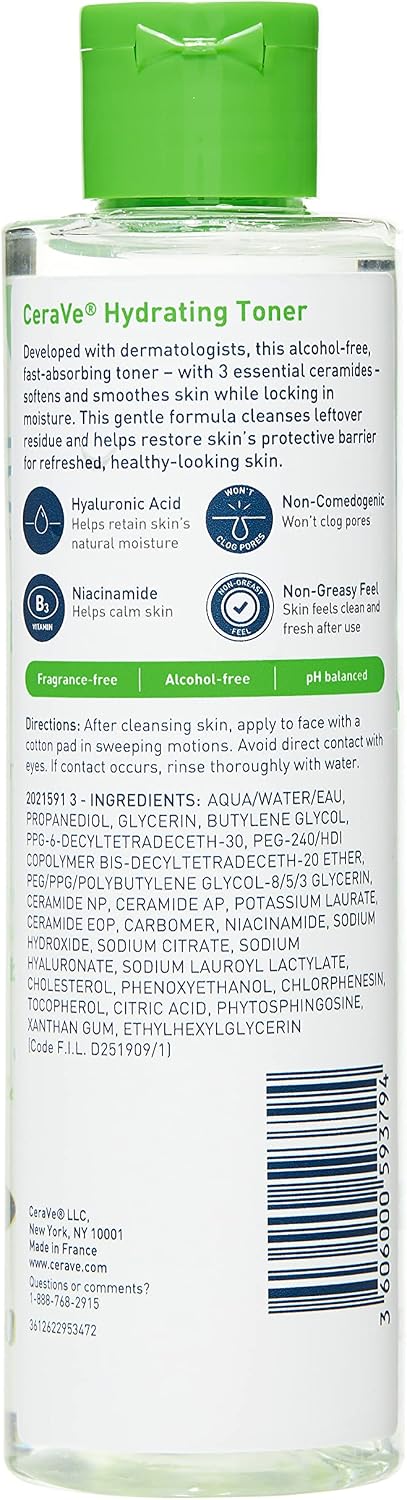 CeraVe Hydrating Toner for Face Non-Alcoholic with Hyaluronic Acid. Niacinamide. and Ceramides for Sensitive Dry Skin. Fragrance-Free Non Comedogenic. Full Size. 6.8 Fl Oz